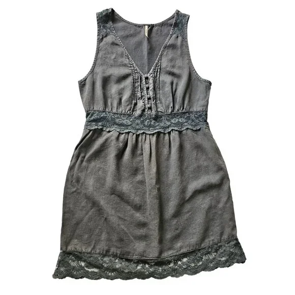 chinese dress ladies Free People Navy Blue Cotton Lace and Embroidered Open Tie Side Dress (M) main image 1